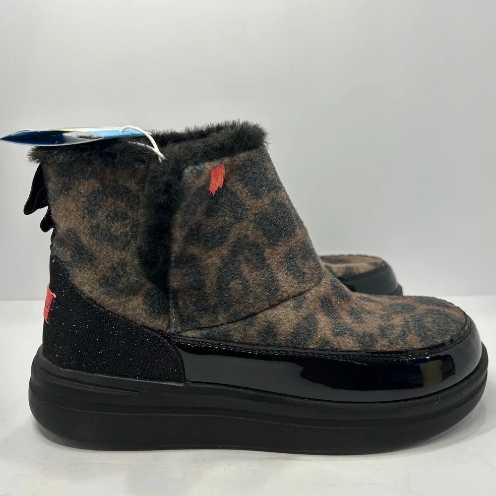 Hey Dude Youth Leopard Black Faux Fur Boots Kids Size 4 Brand New With Tags